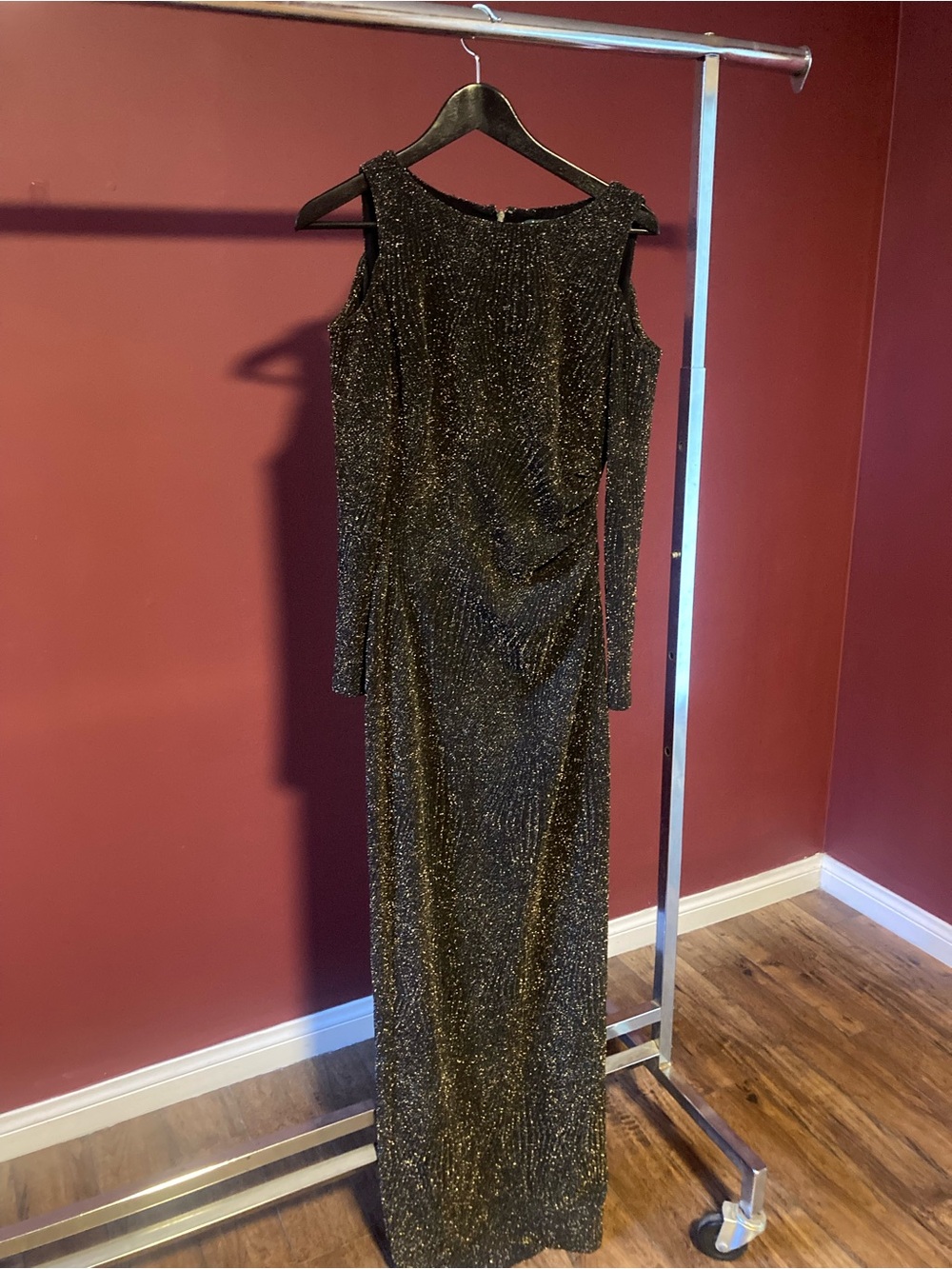 Ralph Lauren Black Metallic Cold-Shoulder Long Sleeve Gown